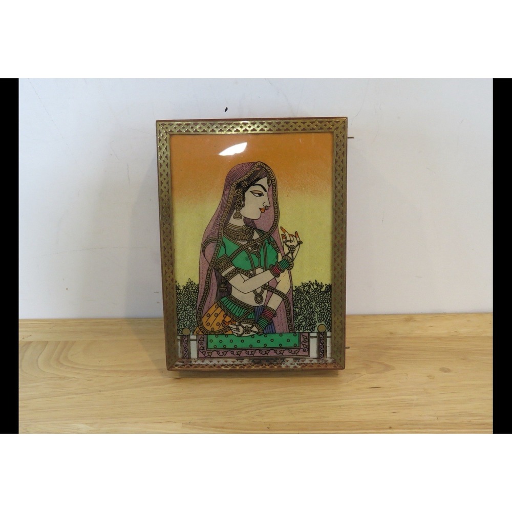 Indian/Persian Trinket Box Crushed Gemstones Wood Brass Accents Painting Woman